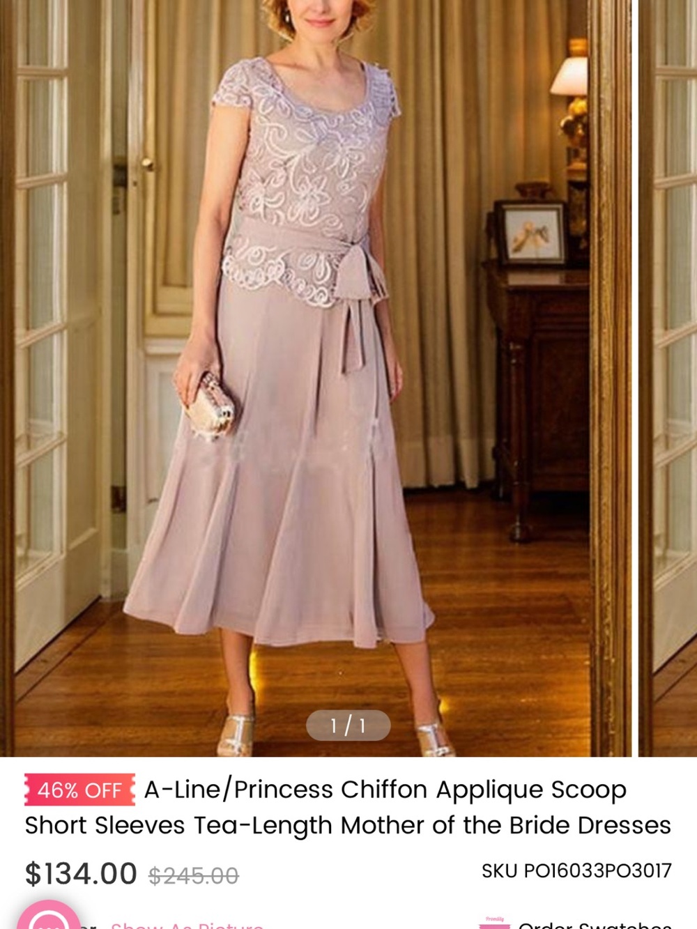 NWOT Tea-Length Chiffon Appliqué Dress in Dusty Mauve - Mother of Bride Dress